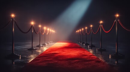 Red carpet with red lights on the edges. The lights are on the red carpet, creating a warm and inviting atmosphere