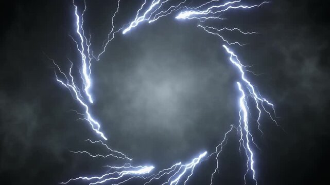 Particles shaped like lightning bolts rotating in a circular motion with a central focal point