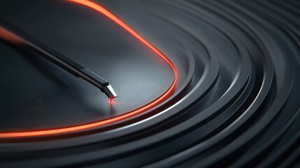 Extreme close-up of a high-end turntable needle navigating the groove of a vinyl record, with the groove itself visualized as a glowing, digital canyon of soundwaves, macro photography. 