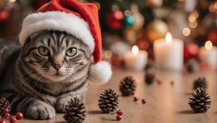 Obraz premium Festive Feline - A Tabby Cat Celebrates Christmas in Style.