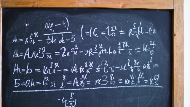 A dark blackboard is filled with handwritten white chalk mathematical equations and formulas