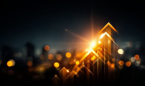 Series of arrows pointing upwards in a dark background. Concept of growth and progress, as the arrows rise higher - Powered by Adobe