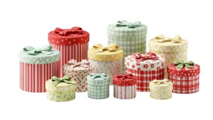 Collection of colorful gift boxes with ribbons isolated on transparent background