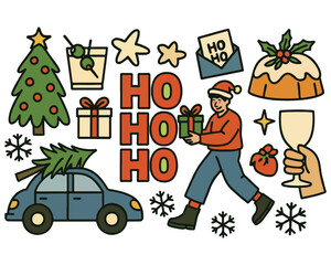 Cartoon vector illustration of Santa Claus with gifts and child driving a Christmas car design set