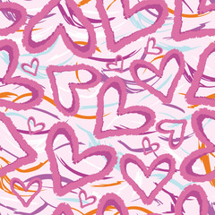 Seamless pastel pattern featuring hand-drawn pink hearts and expressive brush strokes. Ideal for Valentine&rsquo;s Day, children&rsquo;s apparel, gift wrap, stationery and modern decorative design projects.