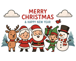 Christmas cartoon vector illustration of Santa Claus and reindeer with a snowman, perfect for a winter holiday card design