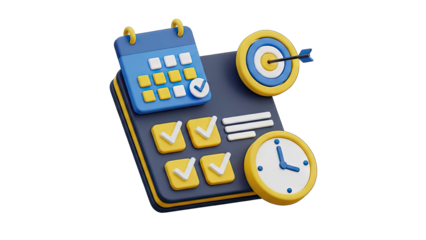 3D Illustration of a Calendar Task List With Clock and Target Symbol Representing Time Management Planning and Goal Achievement