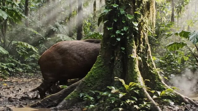 A lone tapir moves through a damp rainforest floor sunlight filtering through lush ferns in dawnmist