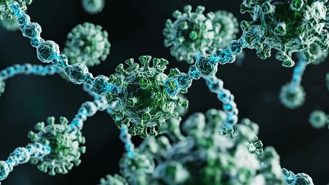 A high-detail cinematic macro visualization of various viruses in motion, showcasing their unique shapes, surface patterns, and fluid biological movement in an artistic, mesmerizing micro-environment