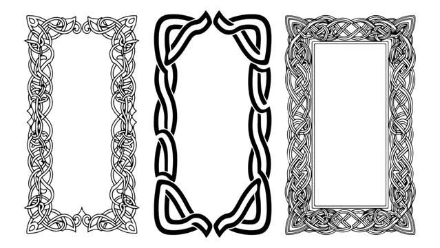 Three ornate Celtic knot frames with intricate interwoven patterns, presented in black and white.
