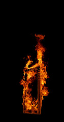 Photography of a burning wooden beam in frame shape isolated on a black background. Detailed fire textures ideal for VFX, compositing, overlays, graphics, and cinematic effects.