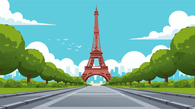 A picturesque view of the Eiffel Tower in Paris, France, with a tree-lined avenue leading up to it.