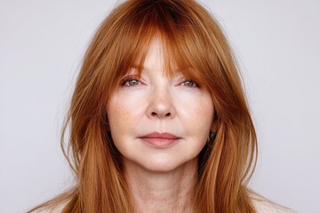 Close-up of red-haired woman with bangs and fringes in casual attire against white background, illuminated by soft natural lighting, showcasing high-resolution details of relaxed, everyday elegance.
