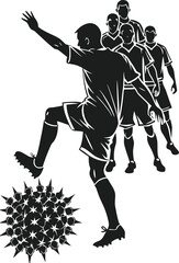 A soccer player prepares to kick a stylized ball with teammates in a line behind him