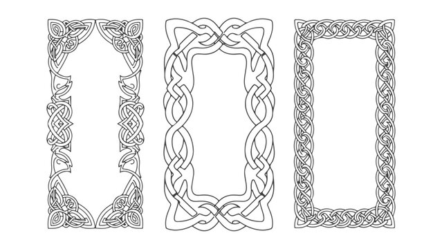 Three ornate Celtic knot frames with intricate interlacing patterns, presented in a vertical orientation.