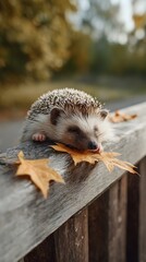 An adorable hedgehog peacefully rests its head on a fallen autumn leaf on a rustic wooden fence
