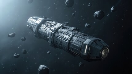 Von Neumann probe, a self-replicating interstellar spacecraft, in the process of building a copy of itself from raw materials gathered from an asteroid field, cinematic, deep space setting.