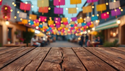 Festive street scene with colorful banners and fairy lights, perfect for celebrations and outdoor dining displays