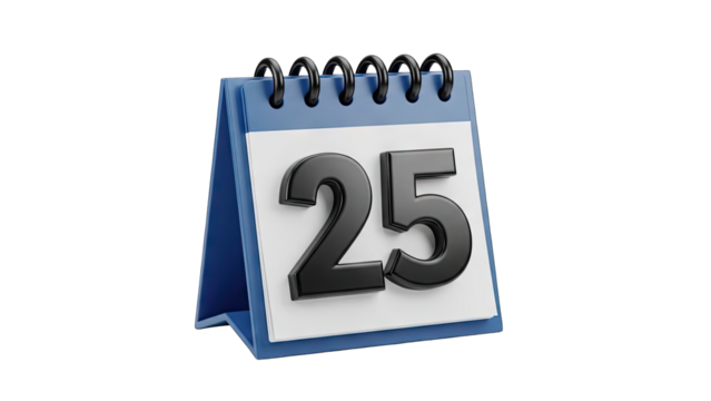 3D Blue Desk Calendar Showing the Number 25 Isolated on a Transparent Background with Realistic Rendering and Sharp Details - Powered by Adobe