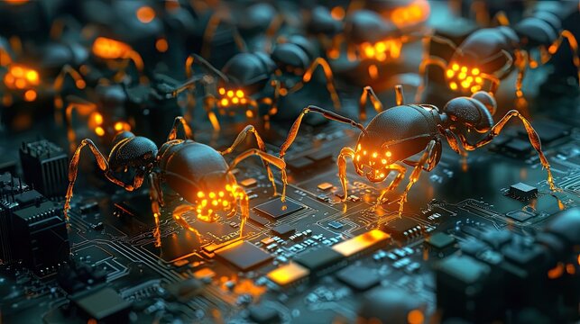 myrmecologist's (ant scientist's) organized ant farm, but the ants are tiny, glowing robots, all working together to build a complex microchip. A metaphor for a perfectly optimized,