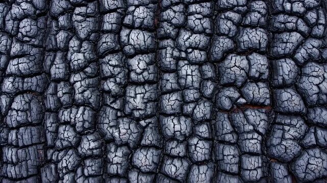 Close-up of charred, textured surface. Deep cracks define dark shapes, creating a complex pattern