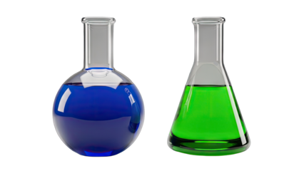 Laboratory Flasks with Blue and Green Liquids on White Background
