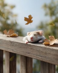 A cute hamster peacefully sleeps on a wooden railing nestled amongst fallen autumn leaves bathed in soft light