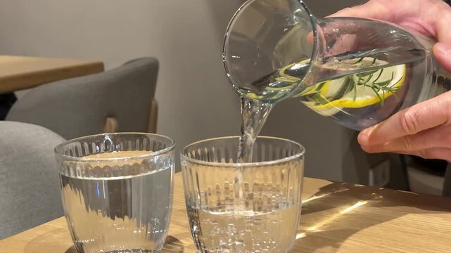 Pouring impure drinking water into a glass with blue light. Close-up of pouring not fresh, contaminated drinking water into a glass on a white background. Drink concept, healthy. High quality 4k