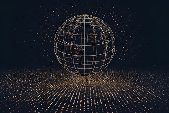 A bright 3D planet globe of the world is illuminated in space against a star-filled black background - Powered by Adobe