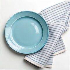 white plate on blue tablecloth