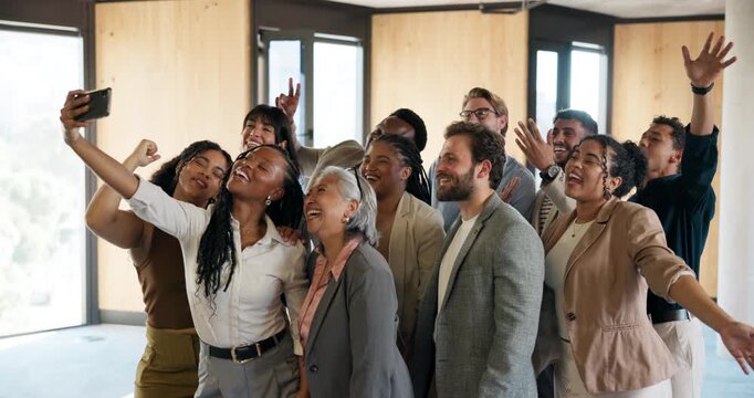Selfie, happy and business people in office with bonding, support and unity at legal meeting together. Memory, goofy and group of law attorneys with photography picture for teamwork in workplace.