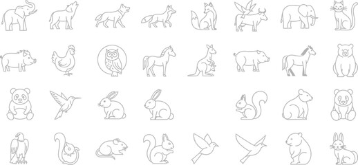 Collection of various animal line art illustrations in a repeating pattern on white