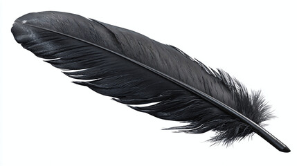 A solitary black feather gracefully resting on a surface. It is a symbol of lightness, freedom, and transformation