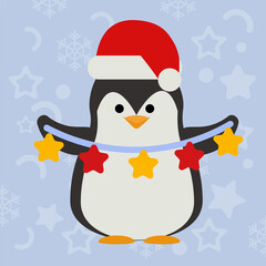 Penguin wearing a Santa hat and holding a bright holiday garland of yellow and red stars. Perfect for Christmas cards, banners, invitations, and festive designs