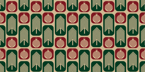 Seamless geometric Christmas pattern featuring red squares with ornament silhouettes and green rectangles with fir tree silhouettes on beige background. Ideal for textiles and holiday decor