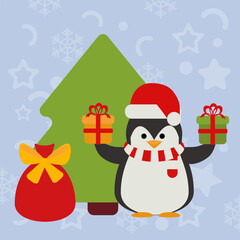 Cheerful penguin in Santa hat holding bright holiday gifts beside Christmas tree and Santa's red bag. Ideal for winter cards, posters, and festive promotions