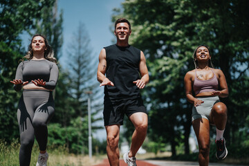 Fototapeta premium A group of three individuals in active wear engaging in fitness activities outside on a sunny day, showcasing camaraderie and a healthy active lifestyle in a beautiful natural environment.