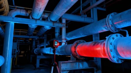Medium shot of infrared leak detection technology scanning a network of pipelines emphasizing thermal imaging to spot hidden leaks efficiently