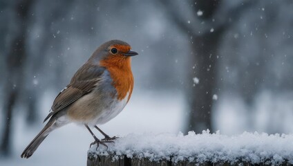 European Robin perched on a snowy surface during winter snowfall.