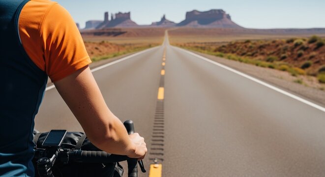 Cyclist riding bike on long straight desert road with red rock mountains in background - Powered by Adobe