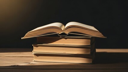 Stack of old books with one open on top sitting on wooden table indoors