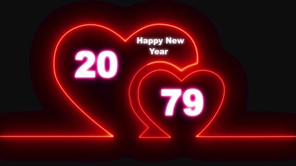 Happy New Year 2079 - Festive Fireworks Background with Bright glowing neon valentines love heart symbol animation. Valentine's Day indicate. love hearts animated. Festival Event, Wedding, Confetti 