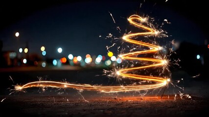 A stunning long exposure photograph showing a sparkler creating a glowing, winding light trail shaped like a stylized Christmas tree against a dark night background with colorful bokeh lights. - Powered by Adobe