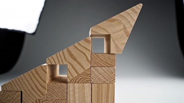 Wooden blocks rise in steps, capped by an arrow at the top, against a smooth gray backdrop. in frame
