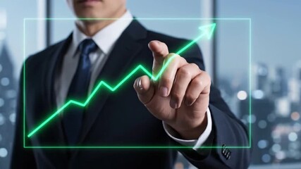 Close-up of a businessmans finger interacting with a holographic graph, indicating upward financial trends and growth. - Powered by Adobe