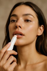 Young woman applying lip balm stick to natural lips, close up beauty portrait highlighting soft hydrated skin and daily lip care routine.