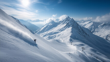 雄大な雪山とスキー場のゲレンデを滑走するスノーボーダー