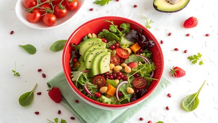A vibrant and healthy colorful salad bowl with fresh avocado, cherry tomatoes, and greens