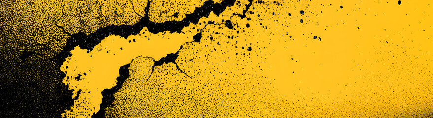 A yellow background with prominent cracks and halftone dots.