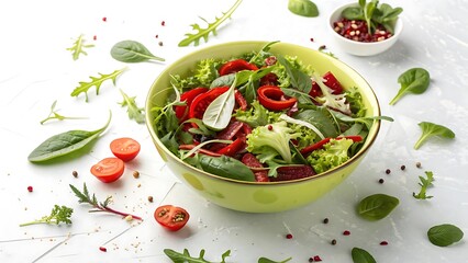 A vibrant and fresh green salad in a light green bowl, surrounded by healthy ingredients